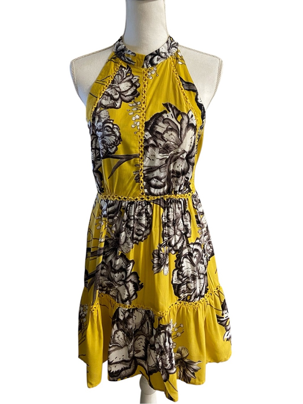 Jaase mustard Floral Halter Mini Dress Large NWT